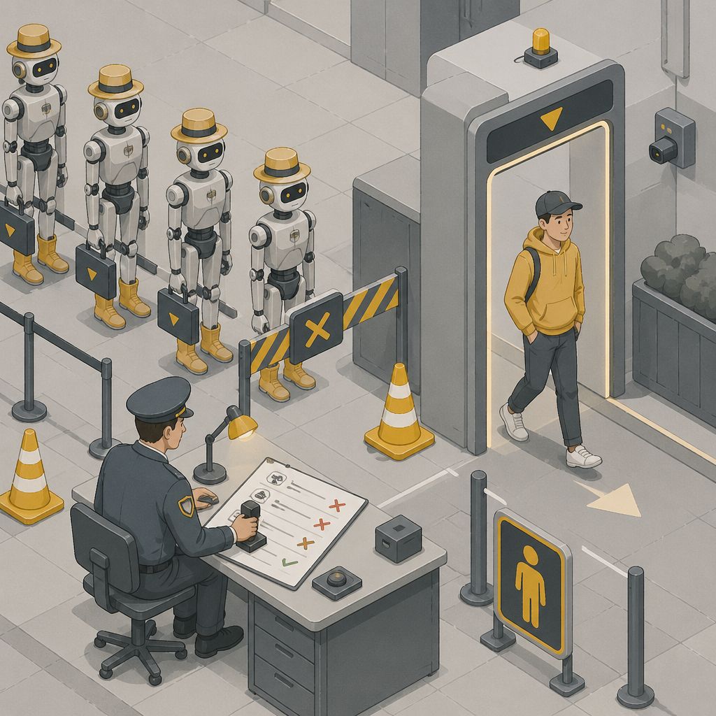 Капитан-стражник останавливает идентичных роботов в очереди