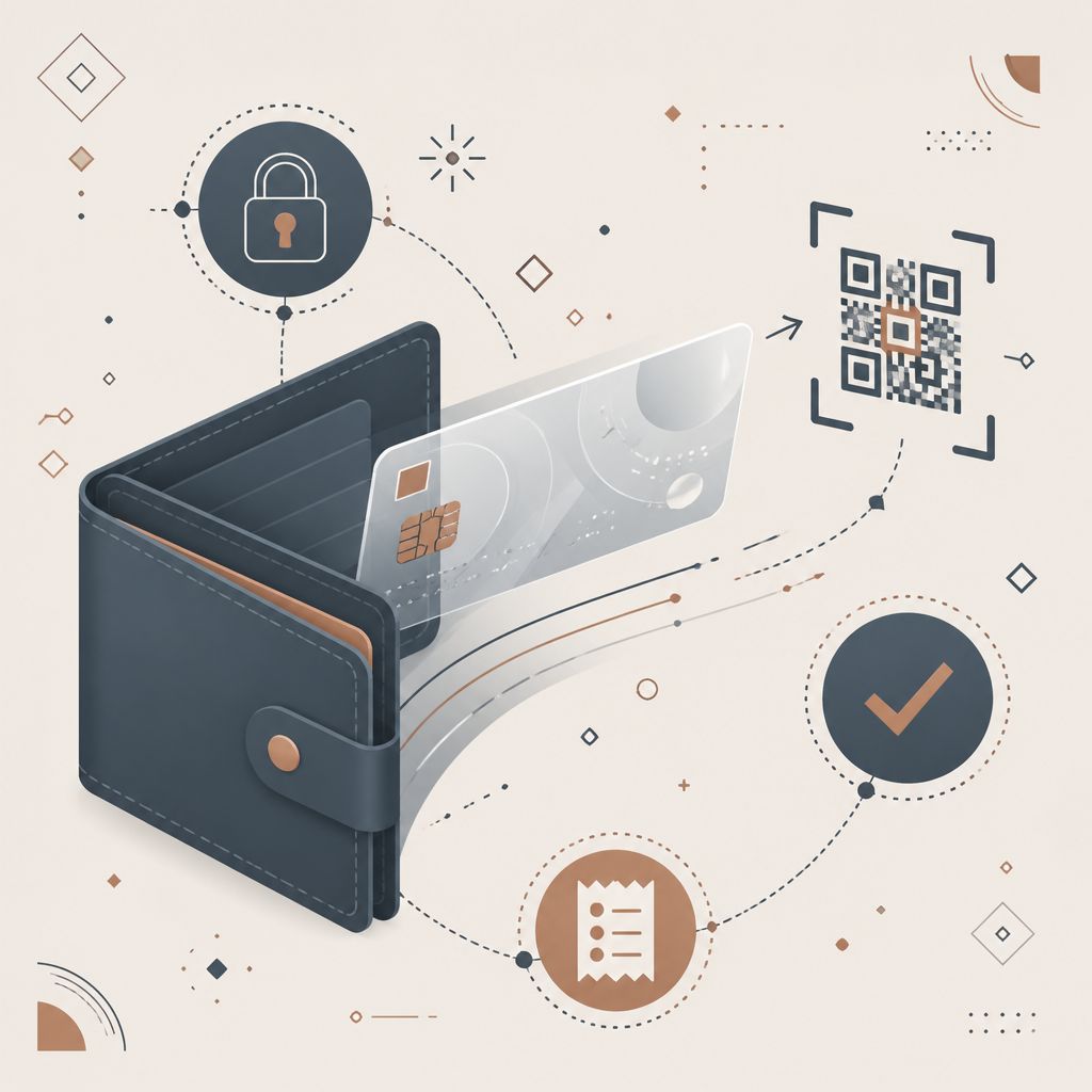 Кошелёк с летящей платёжной картой к QR