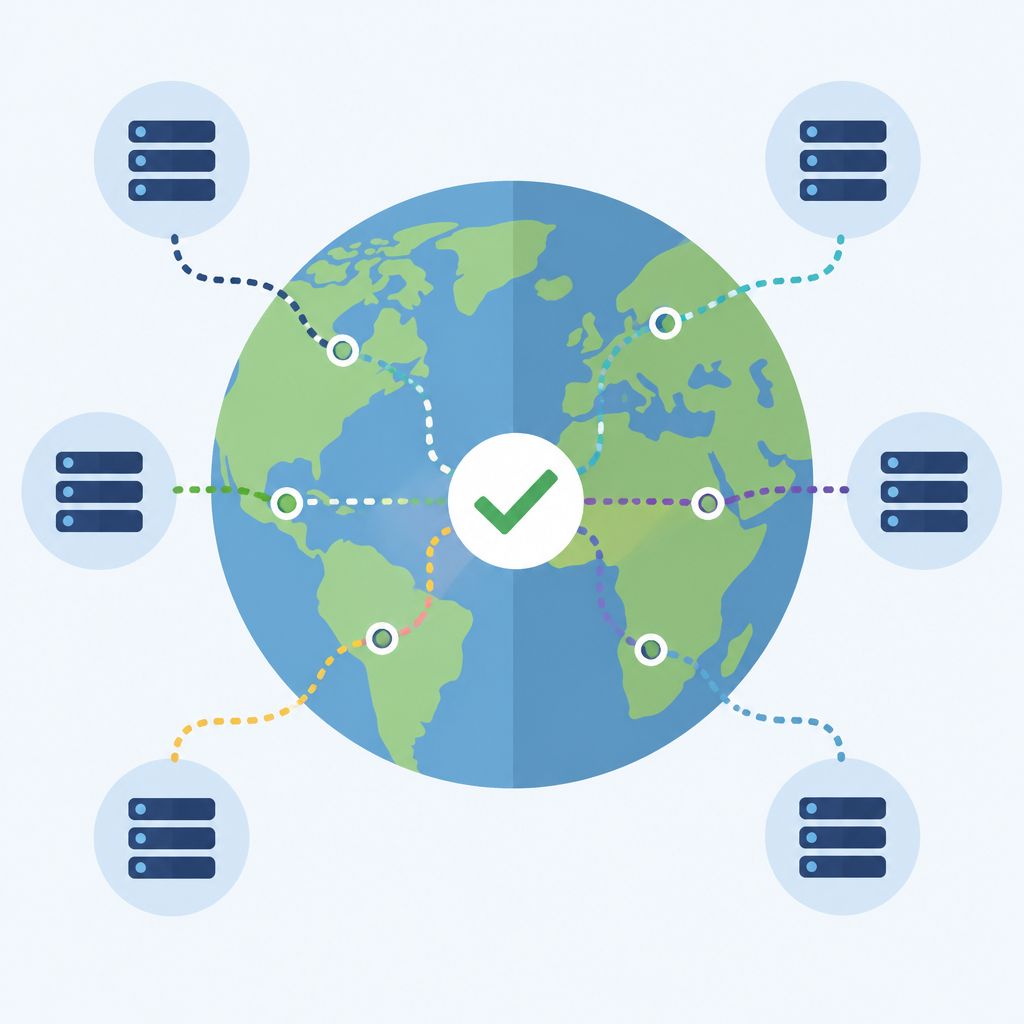 Глобус с DNS-маршрутами и зелёной отметкой подтверждения