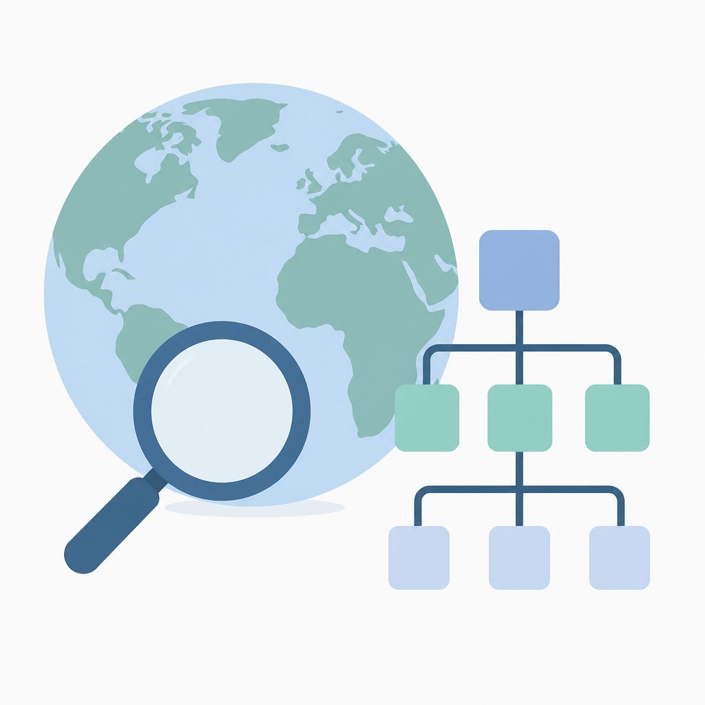 Глобус с поисковой иконкой и древовидной структурой sitemap